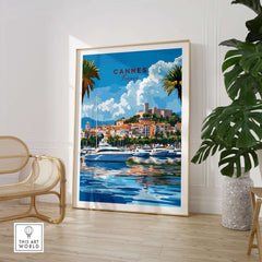 Cannes Travel Print showcasing vibrant waterfront and palm trees in a stylish home decor setting.
