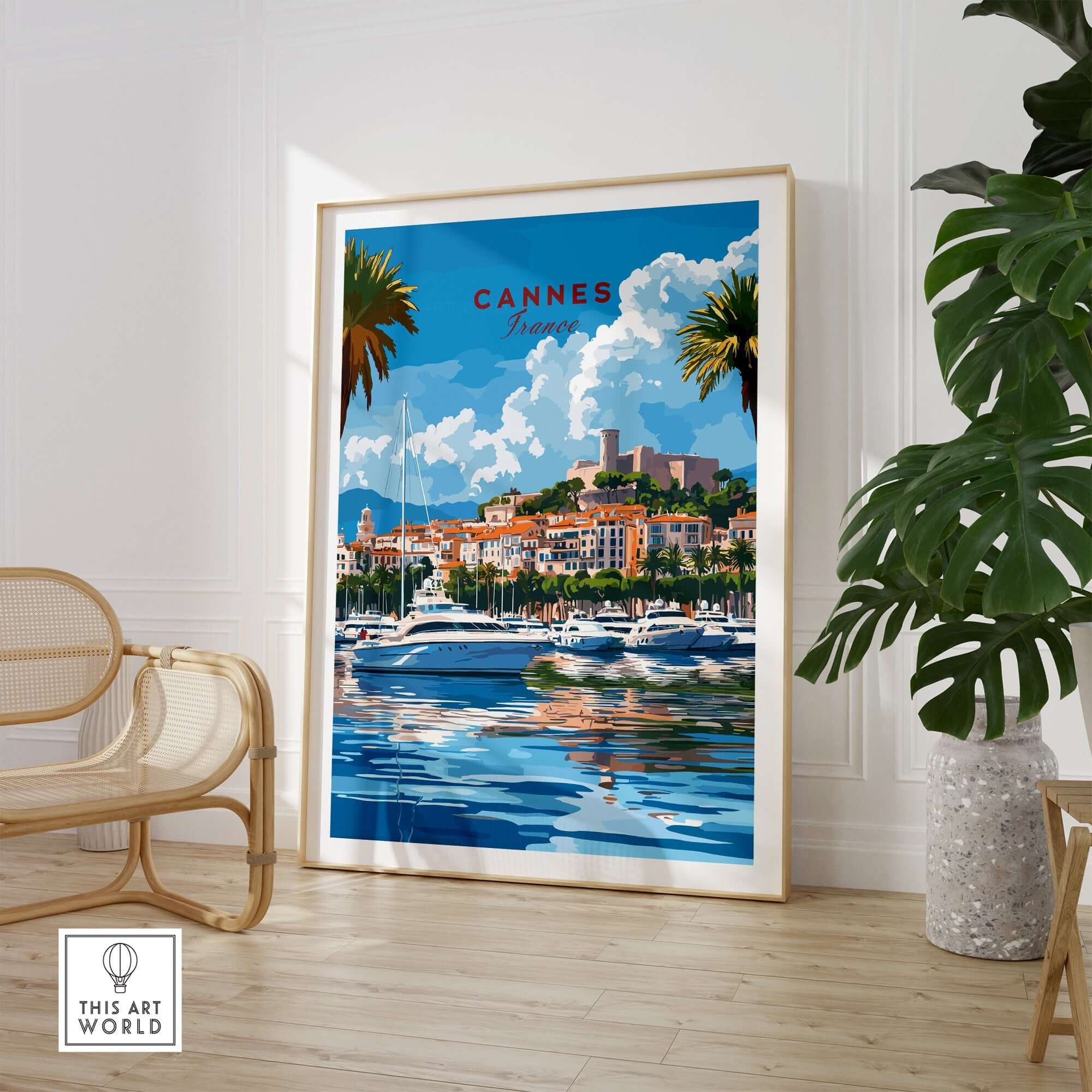 Cannes Travel Print showcasing vibrant waterfront and palm trees in a stylish home decor setting.