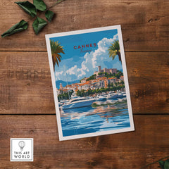 Cannes Travel Print featuring the stunning waterfront and palm trees of Cannes, France.