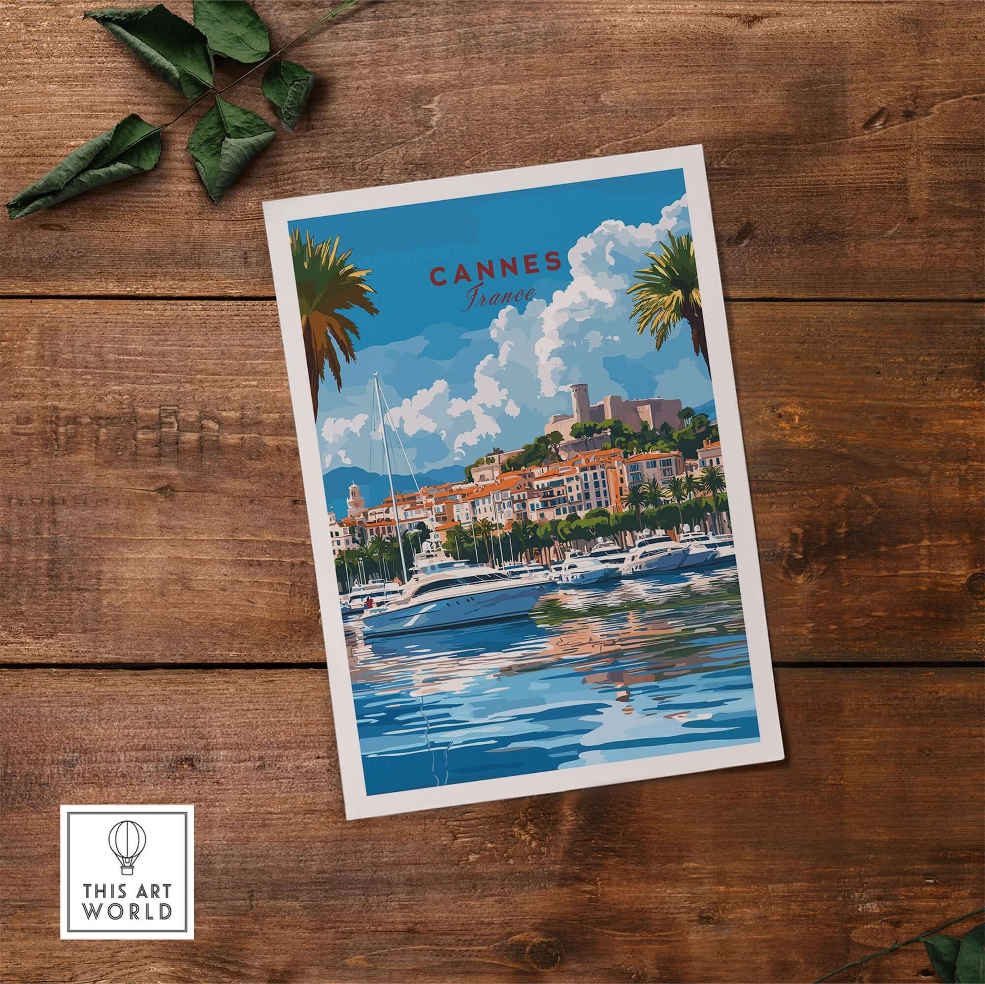 Cannes Travel Print featuring the stunning waterfront and palm trees of Cannes, France.