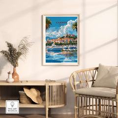 Cannes Travel Print featuring vibrant coastal scenery and luxurious yachts in a beautiful living room setting.