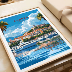 Cannes Travel Print showcasing stunning boats and vibrant architecture by the waterfront in Cannes, France.