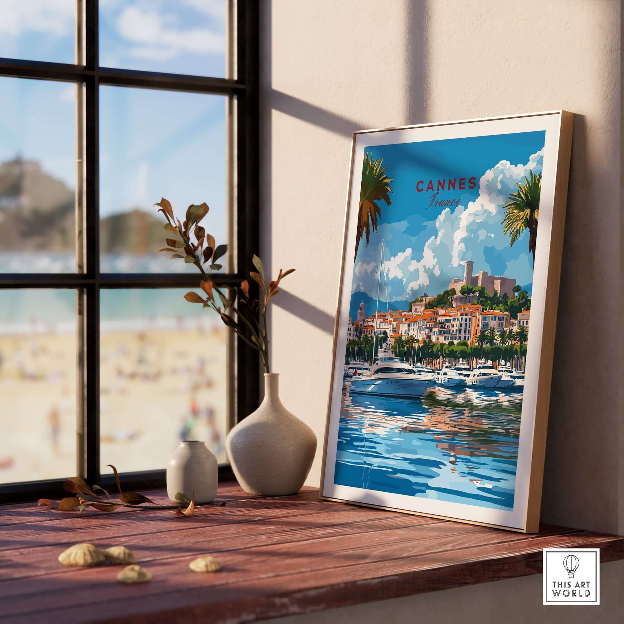 Cannes Travel Print showcasing the vibrant beach and cityscape of Cannes, perfect for home decor and travel inspiration.