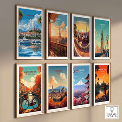 Cannes Travel Print and other city travel art prints on display, showcasing vibrant destinations.