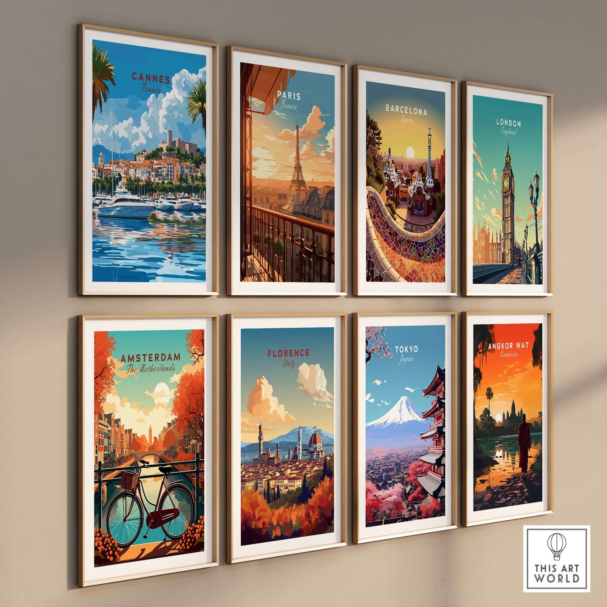 Cannes Travel Print and other city travel art prints on display, showcasing vibrant destinations.