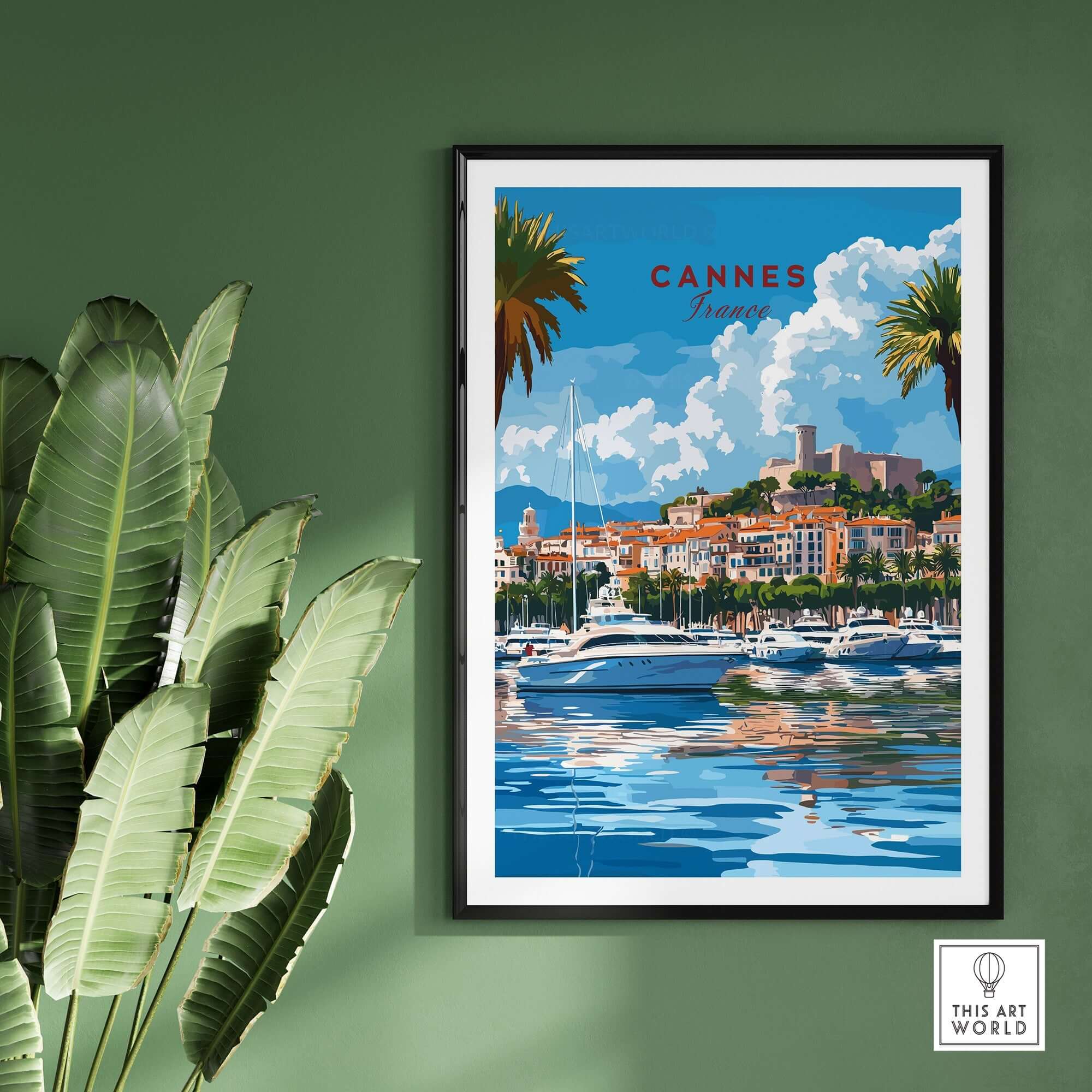 Cannes Travel Print showcasing beautiful coastal views with boats and vibrant architecture.