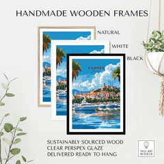 Cannes Travel Print displayed in handmade wooden frames of natural, white, and black colors ready to hang.