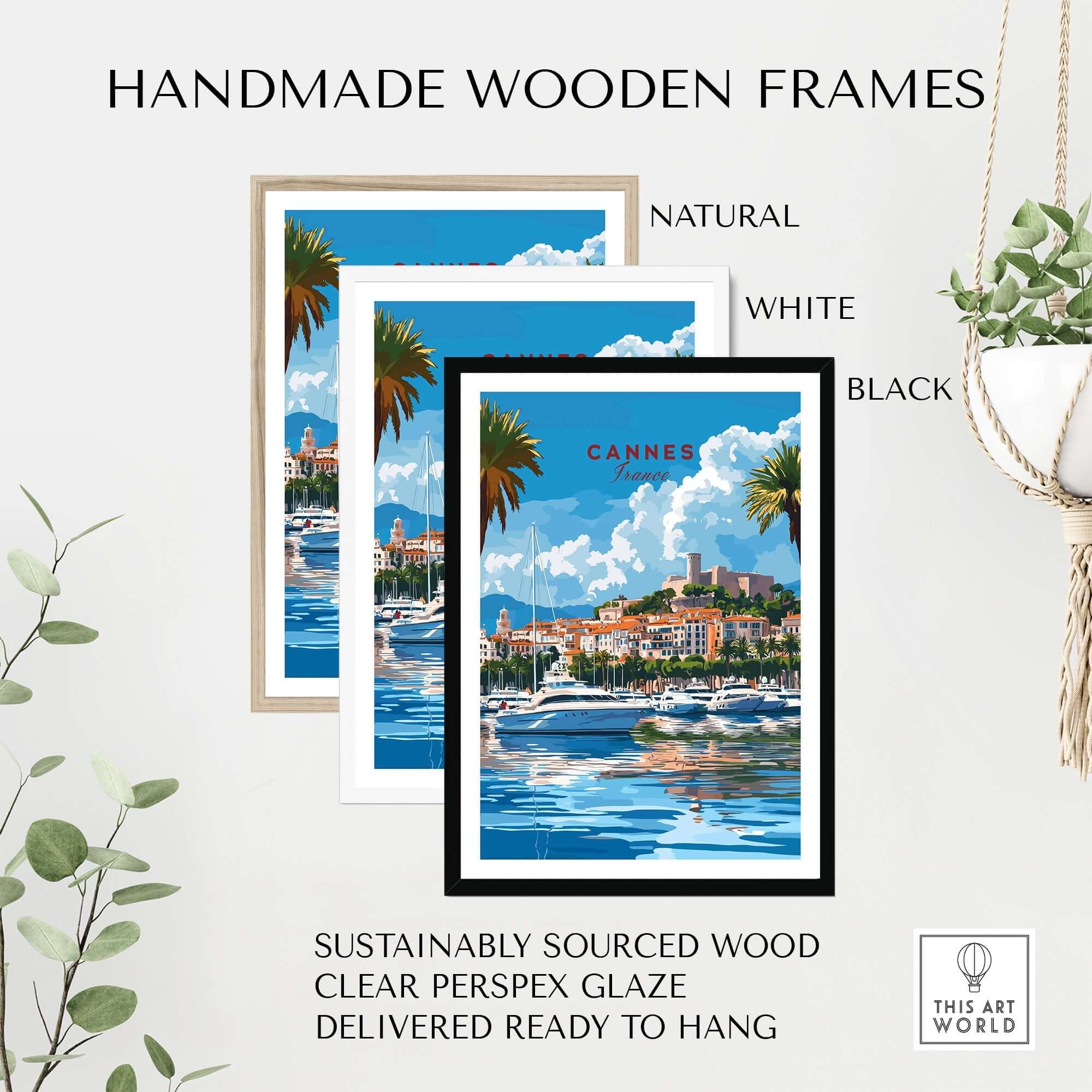 Cannes Travel Print displayed in handmade wooden frames of natural, white, and black colors ready to hang.