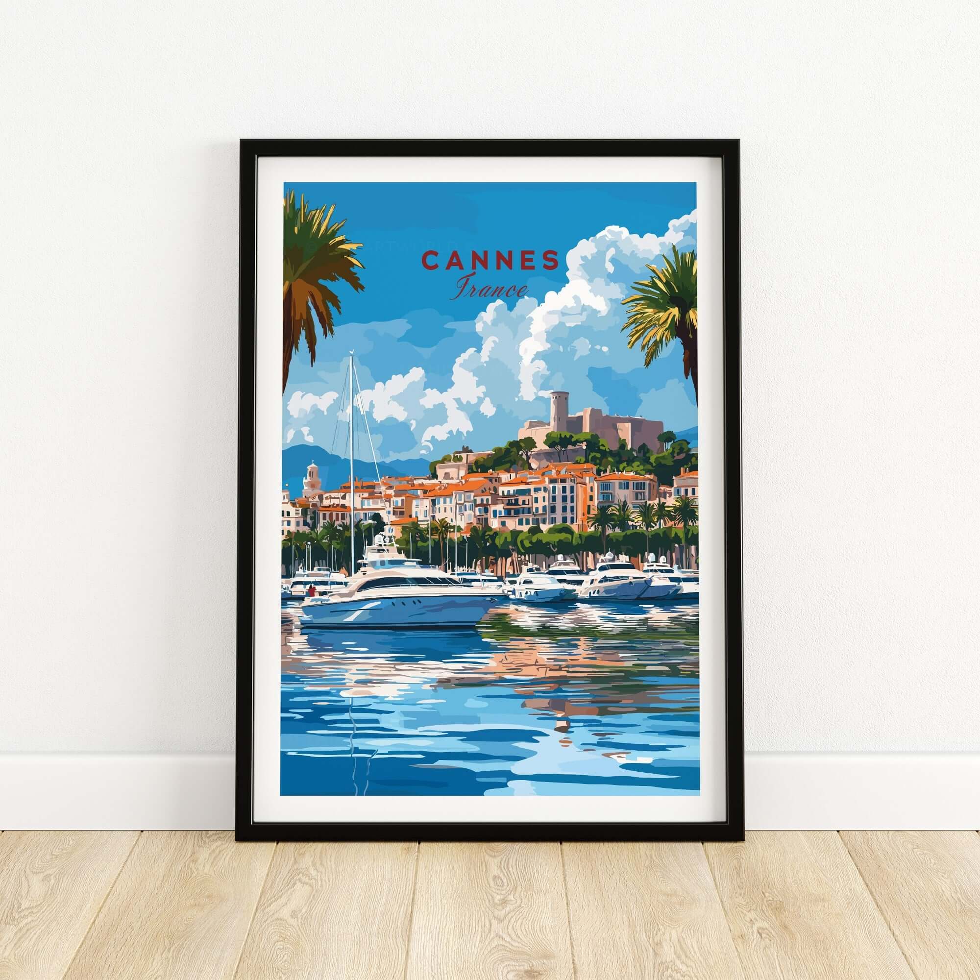 Cannes Travel Print showcasing the vibrant waterfront and skyline of Cannes, France with boats and palm trees.