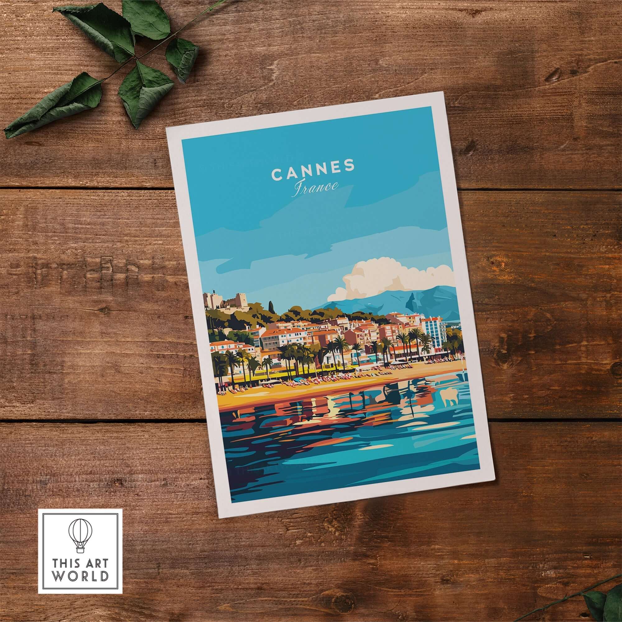 Cannes Wall Art featuring a vibrant illustration of the iconic city of Cannes, France on a serene waterfront.