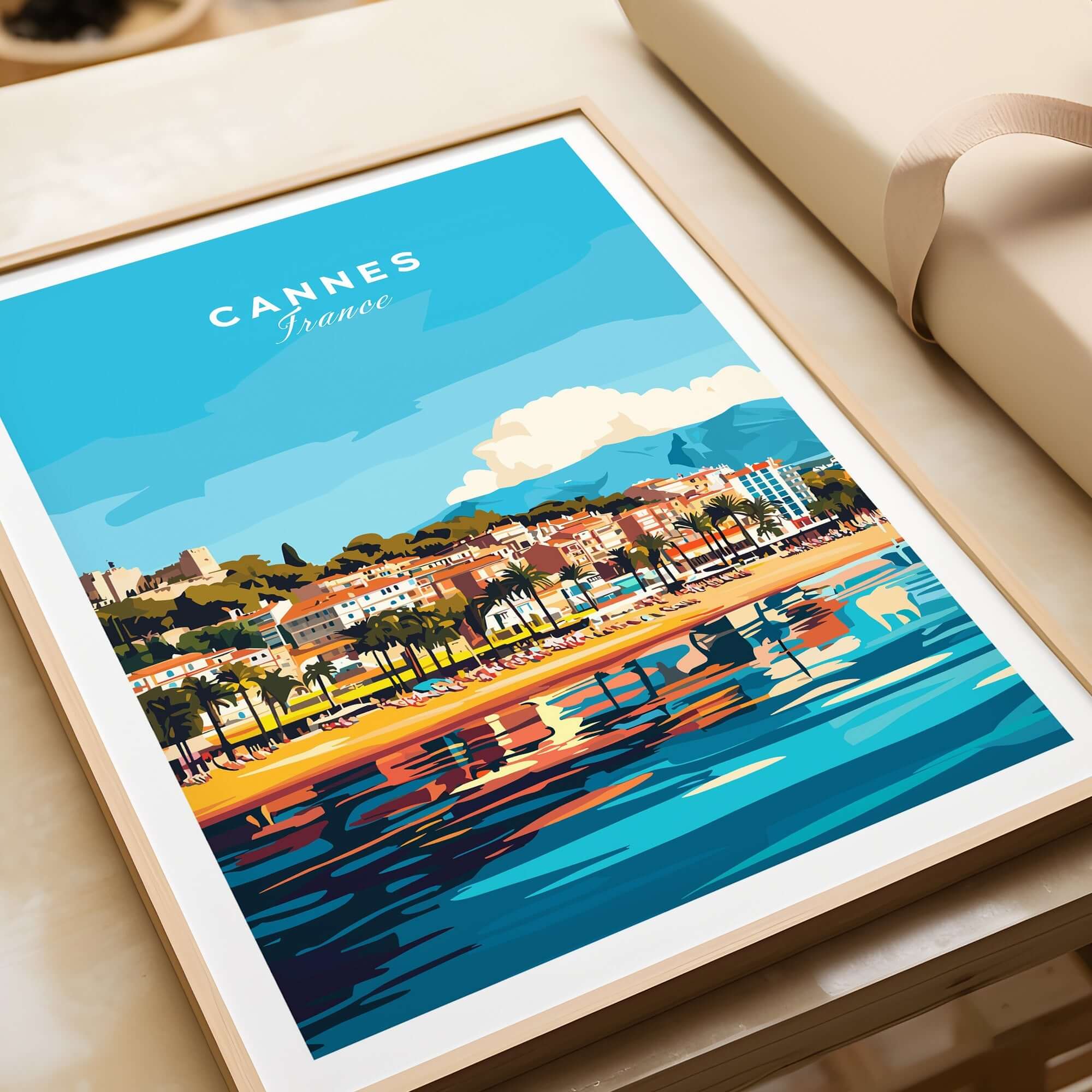 Cannes Wall Art showcasing a vibrant depiction of Cannes, France's beautiful coastline and charming architecture.