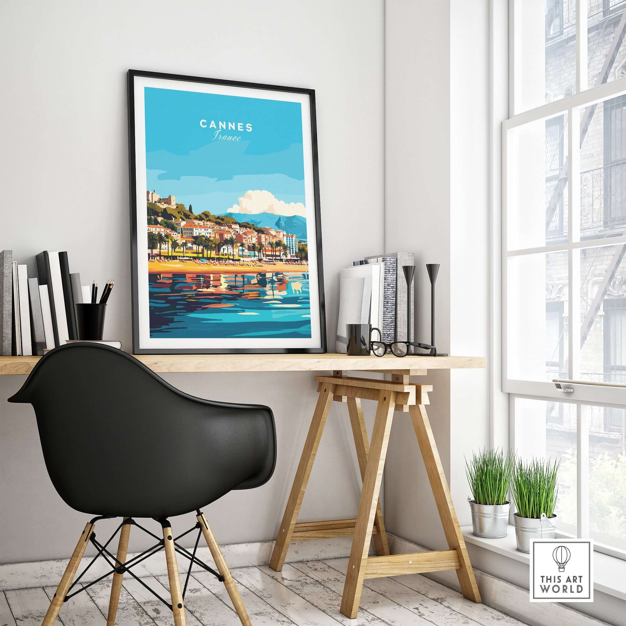 Cannes Wall Art displayed in a modern workspace, showcasing the vibrant scenery of Cannes, France.