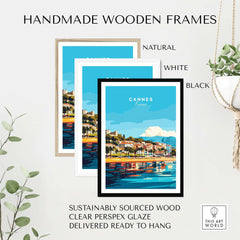Cannes Wall Art displayed in handmade wooden frames, featuring natural, white, and black options, ready to hang.