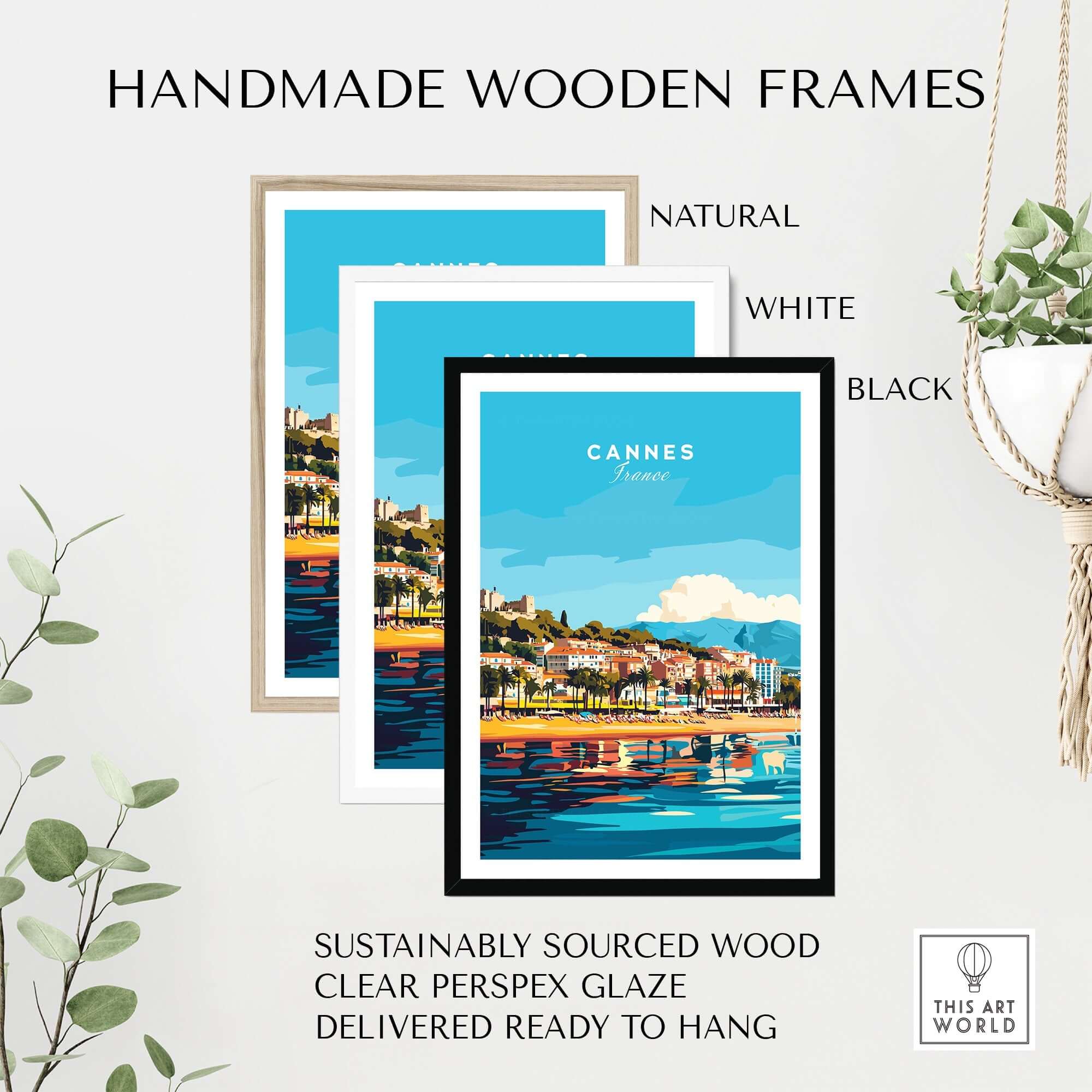 Cannes Wall Art displayed in handmade wooden frames, featuring natural, white, and black options, ready to hang.