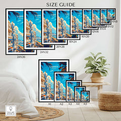 Cannes Wall Art Poster size guide showcasing various frame dimensions and placement in a modern living space.
