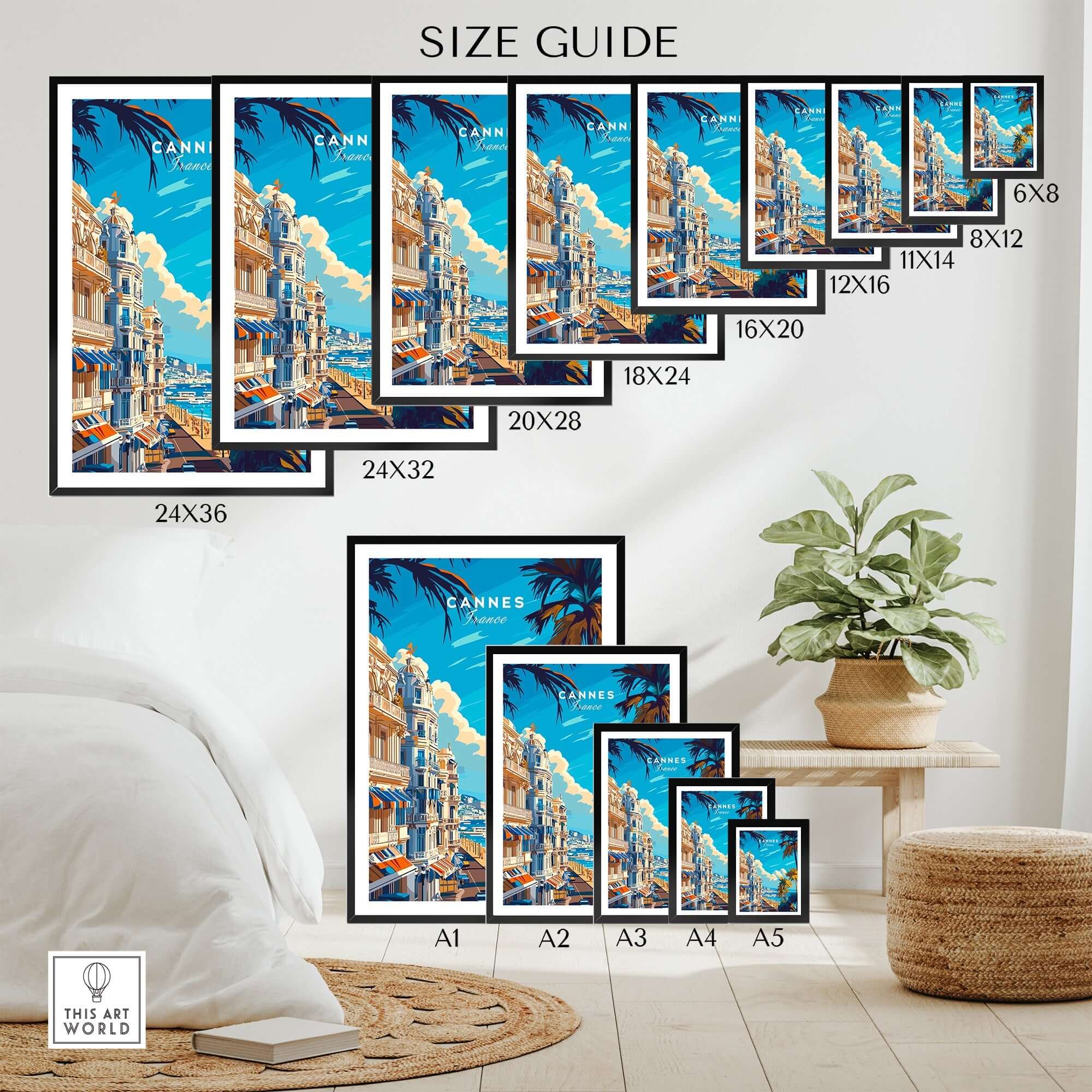 Cannes Wall Art Poster size guide showcasing various frame dimensions and placement in a modern living space.