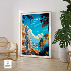 Cannes Wall Art Poster showcasing a vibrant seaside view with palm trees and elegant buildings in a stylish interior.
