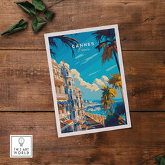 Cannes Wall Art Poster featuring a vibrant coastal scene with palm trees and elegant buildings in France.