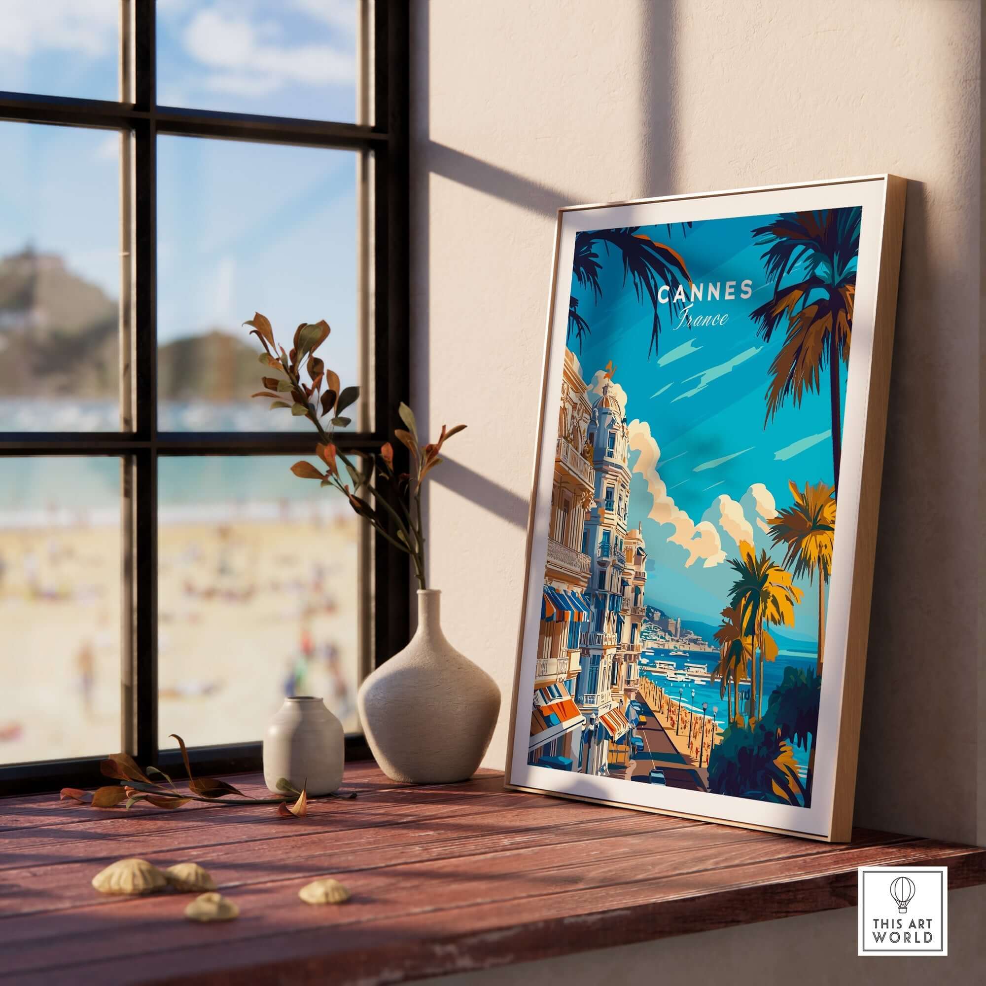 Cannes Wall Art Poster framed on a windowsill, showcasing elegant coastal design and vibrant colors.