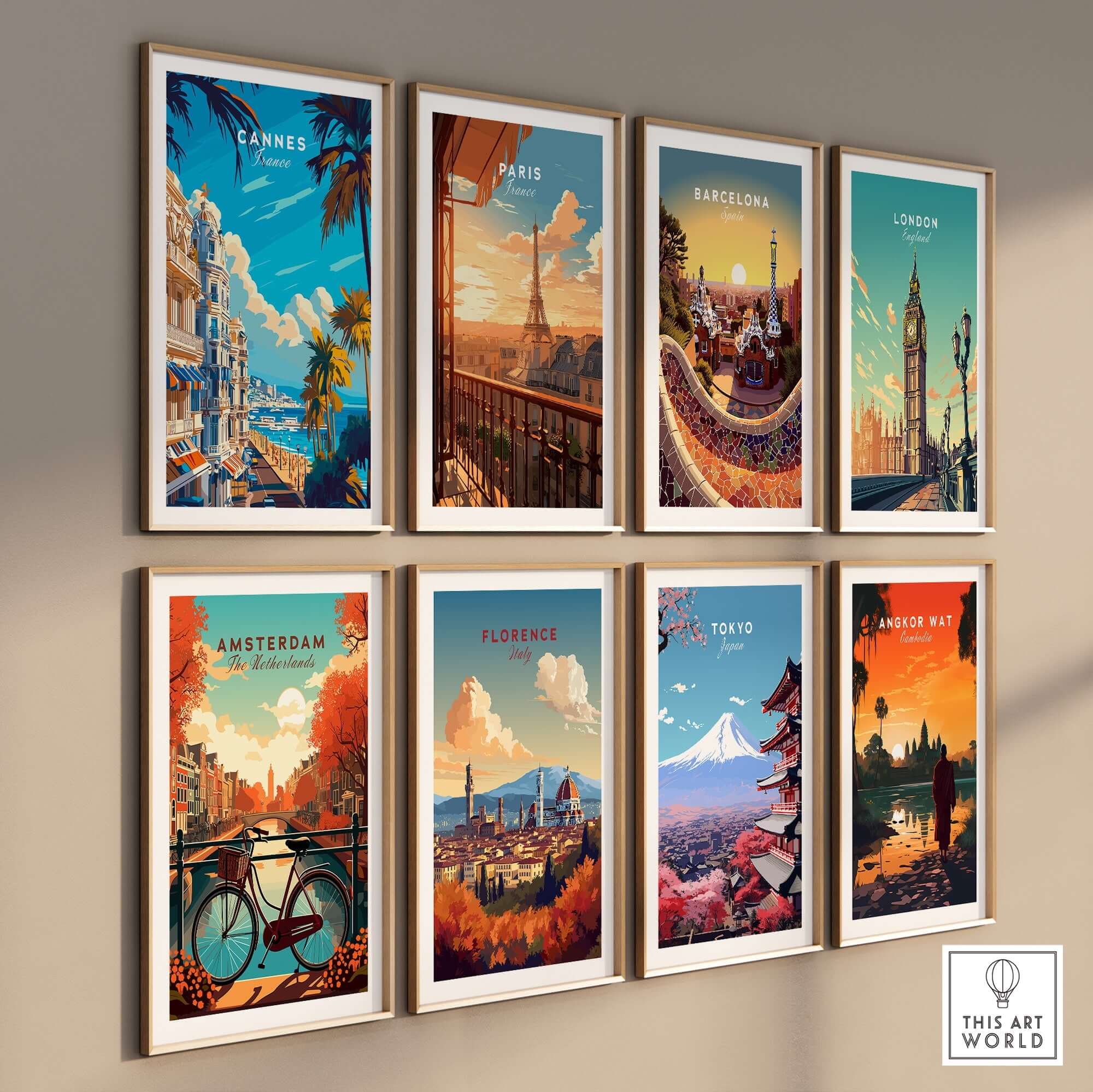 Cannes Wall Art Poster among stylish travel prints showcasing famous cities like Paris and Tokyo.