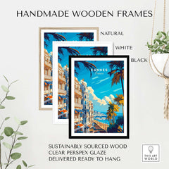Cannes Wall Art Poster displayed in handmade wooden frames in natural, white, and black options.