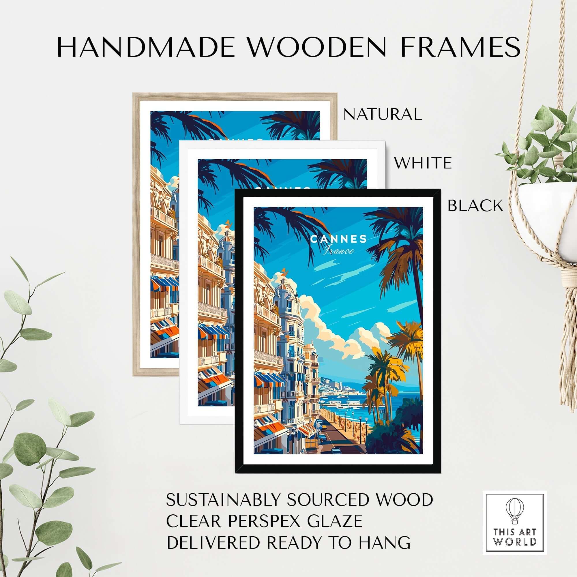 Cannes Wall Art Poster displayed in handmade wooden frames in natural, white, and black options.