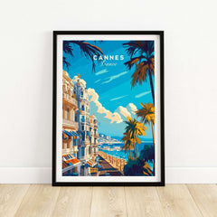 Cannes Wall Art Poster featuring a vibrant scene of Cannes, France with palm trees and beach view.
