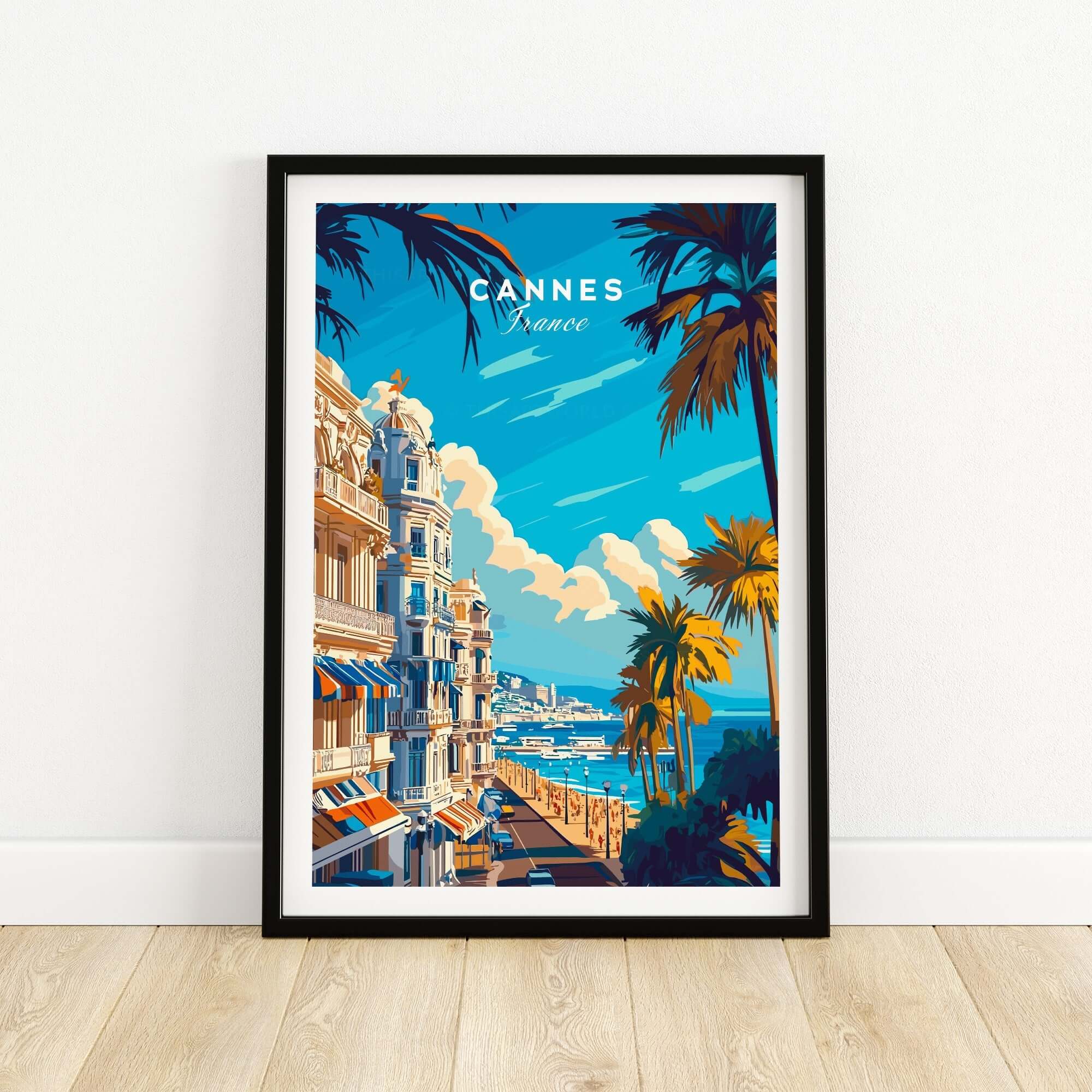 Cannes Wall Art Poster featuring a vibrant scene of Cannes, France with palm trees and beach view.