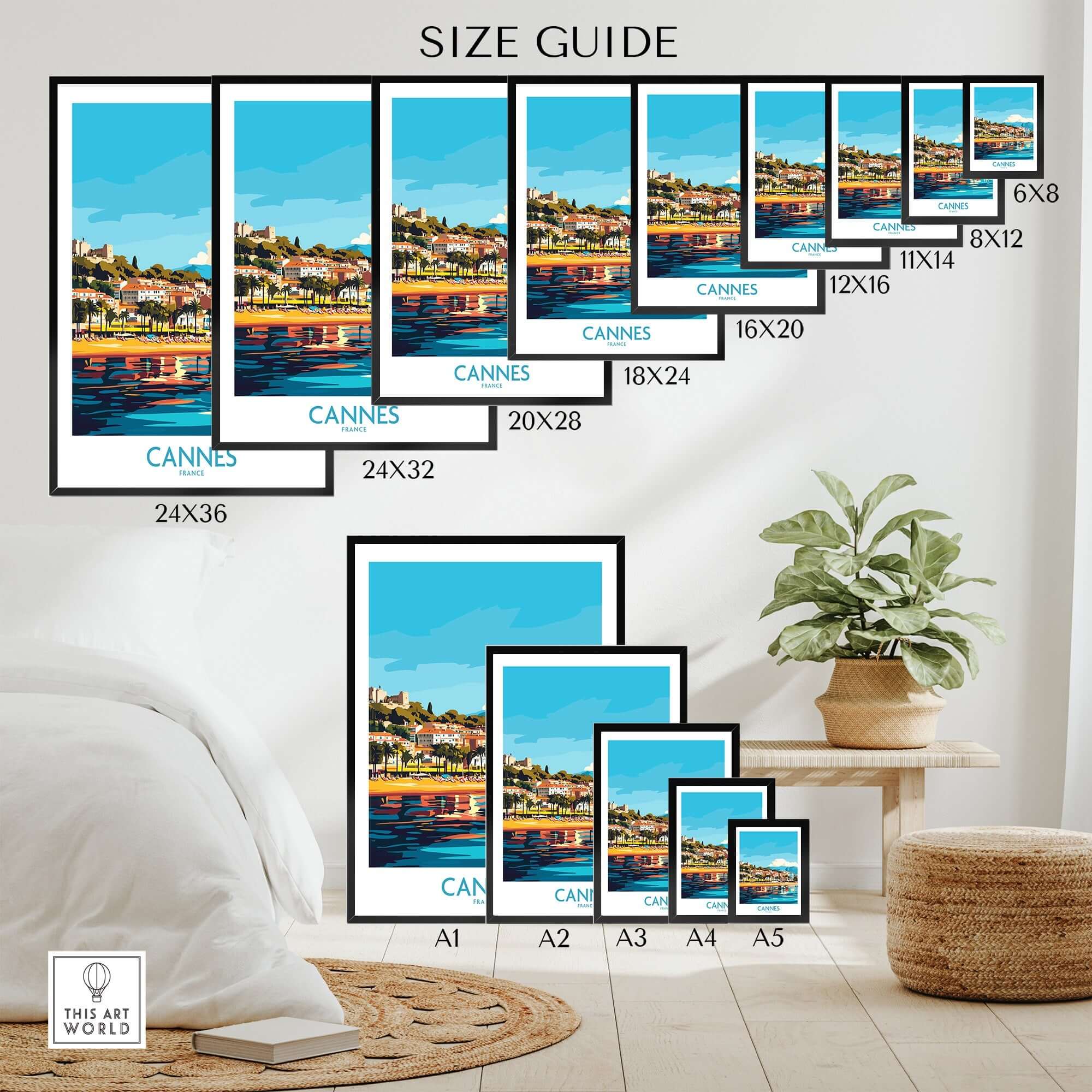 Cannes Wall Art Print size guide showcasing various frame options for perfect home decor.