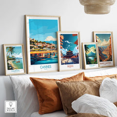 Cannes Wall Art Print showcasing vibrant scenery of the French Riviera among other travel posters.
