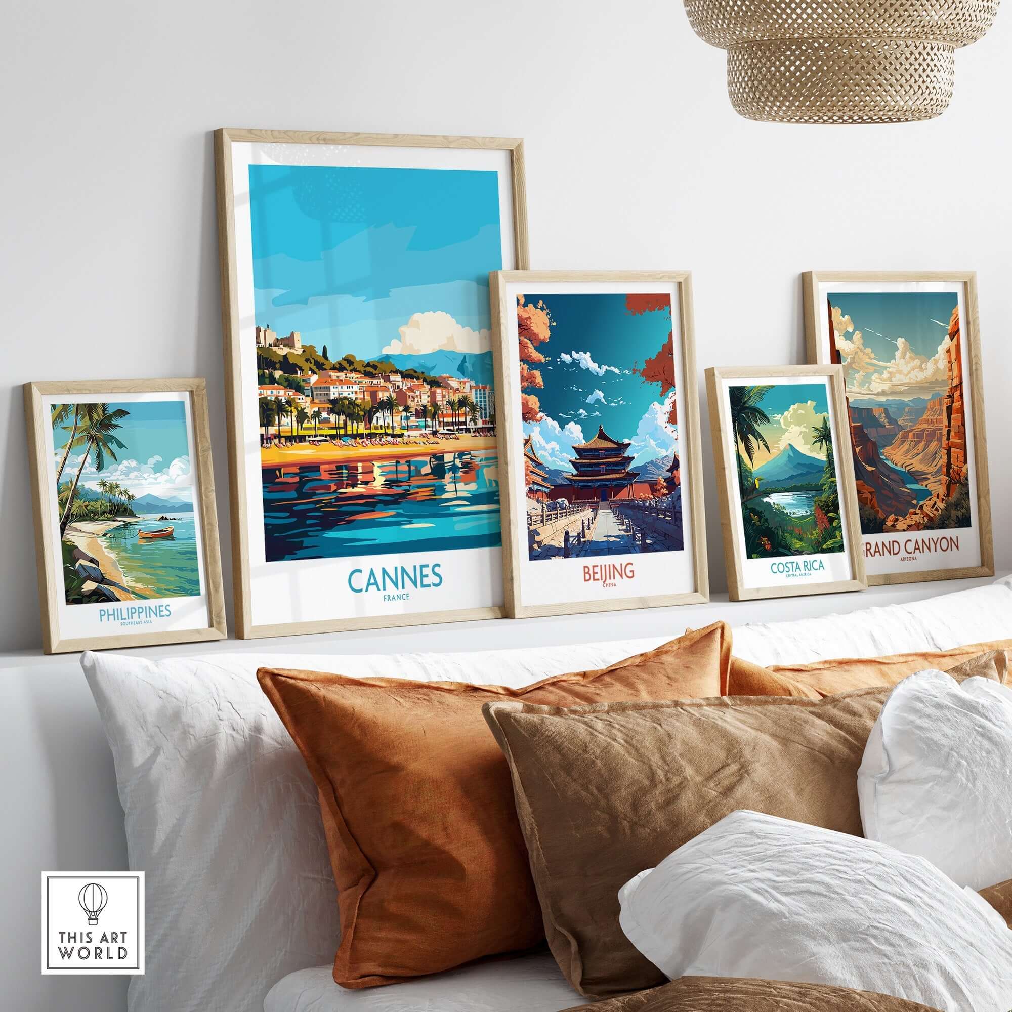 Cannes Wall Art Print showcasing vibrant scenery of the French Riviera among other travel posters.