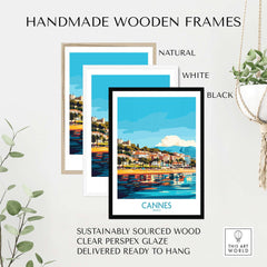 Cannes Wall Art Print displayed in handmade wooden frames in natural, white, and black colors.