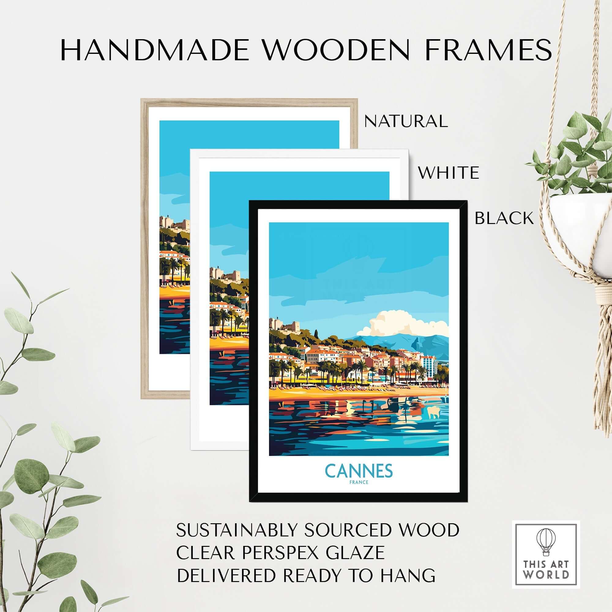 Cannes Wall Art Print displayed in handmade wooden frames in natural, white, and black colors.