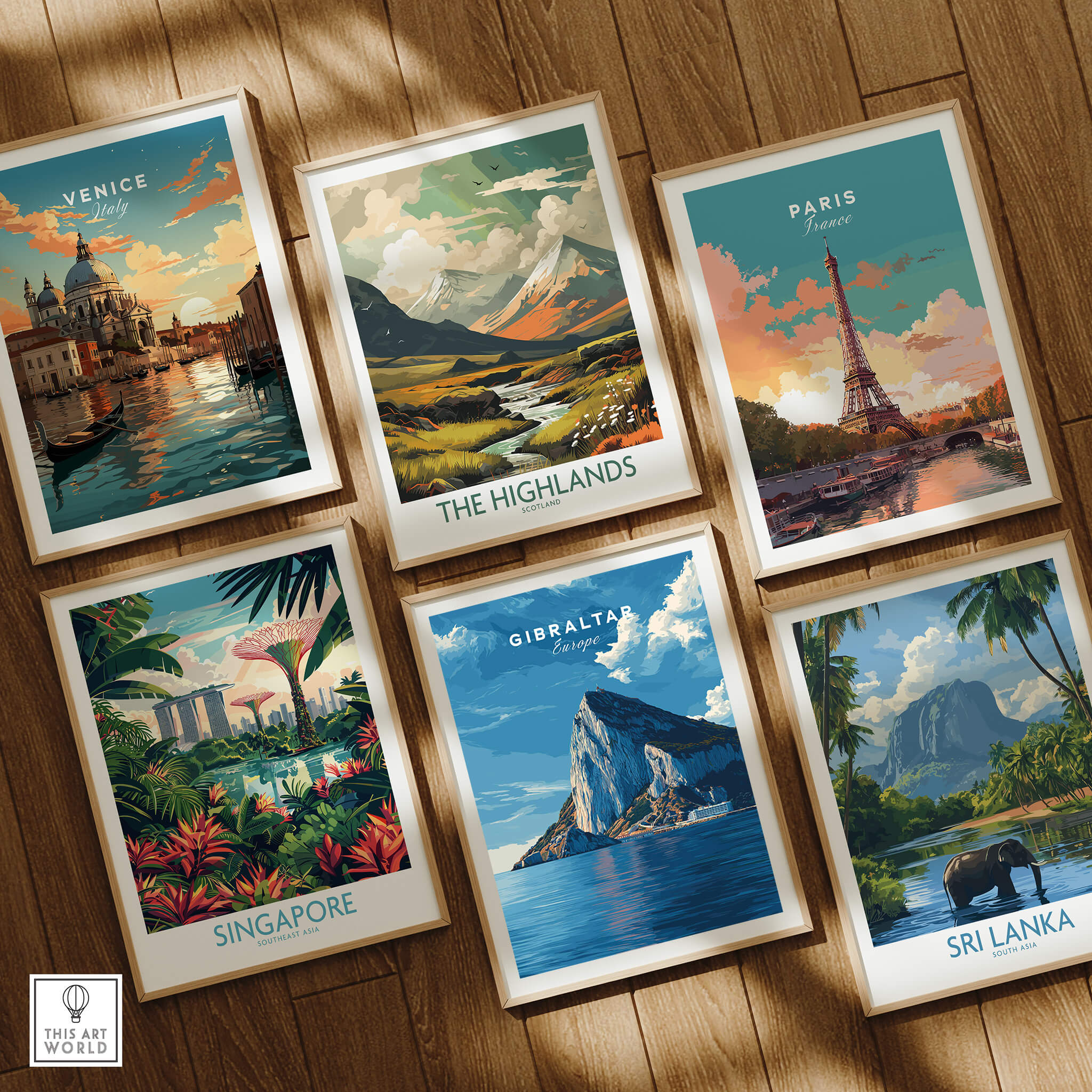 The Rock of Gibraltar Canvas Art Print among other vibrant travel-themed art prints on display.