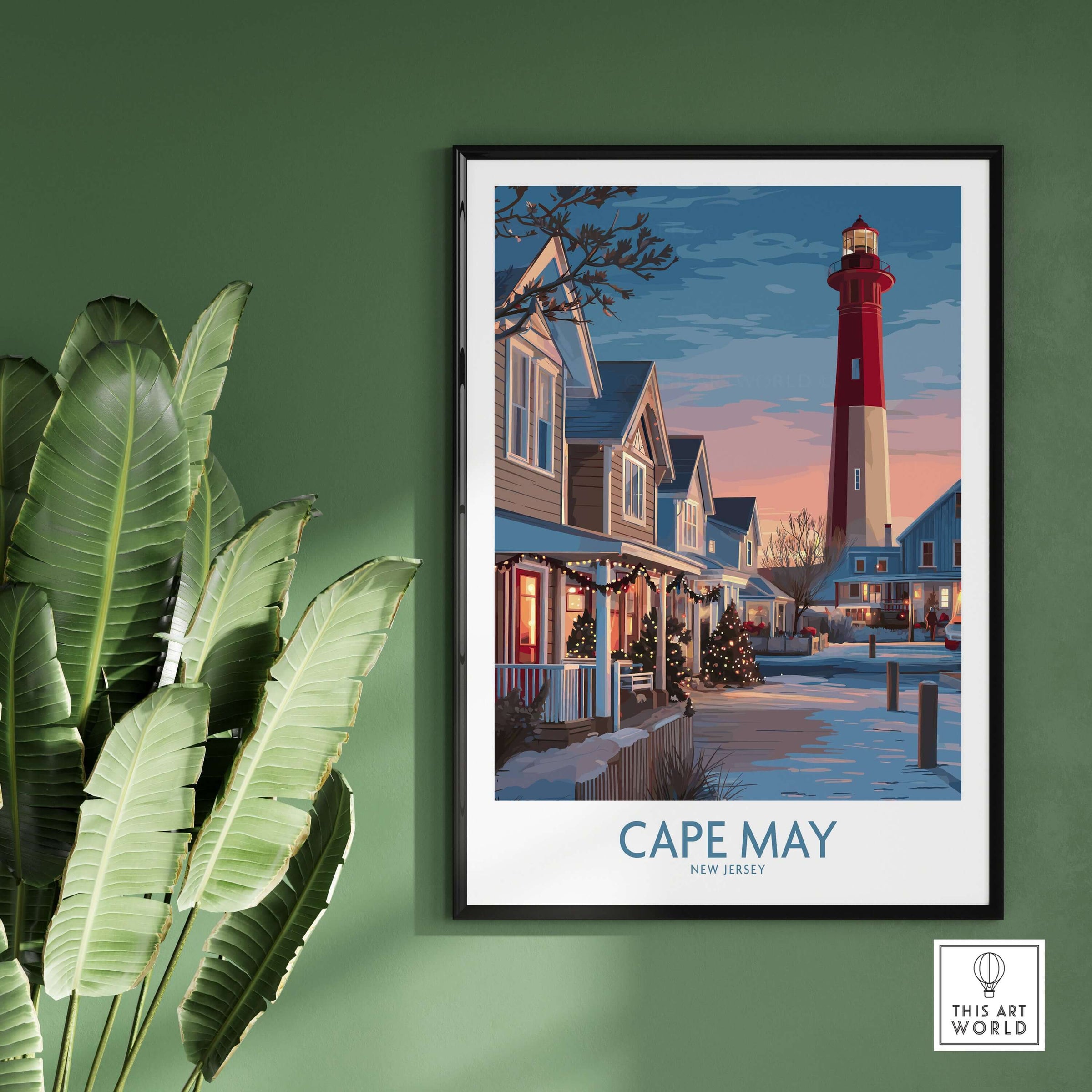 Cape May Christmas Lights New Jersey Poster displayed on a green wall with festive decorations surrounding it.
