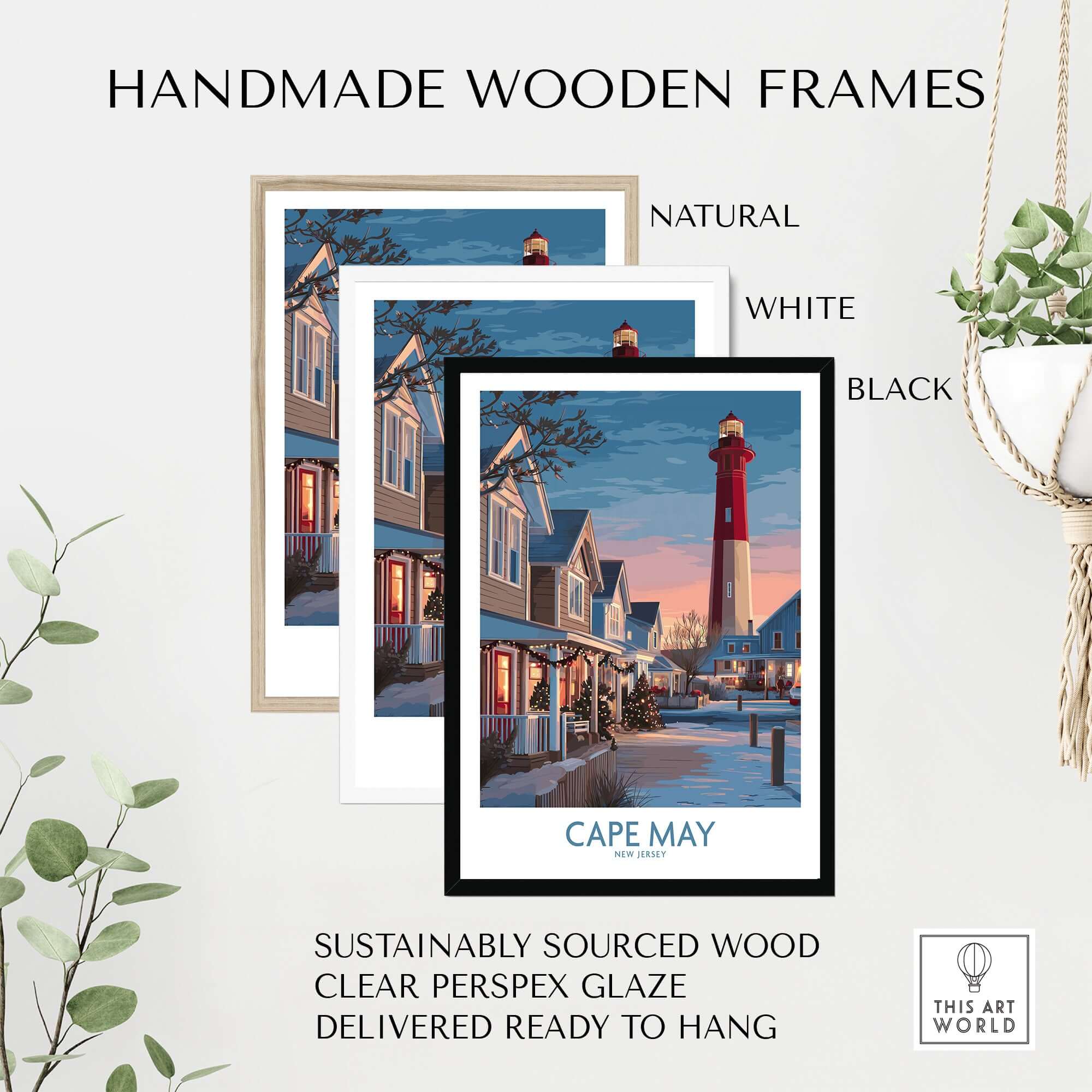 Cape May Christmas Lights New Jersey Poster framed in handmade wooden frames natural, white, and black options.