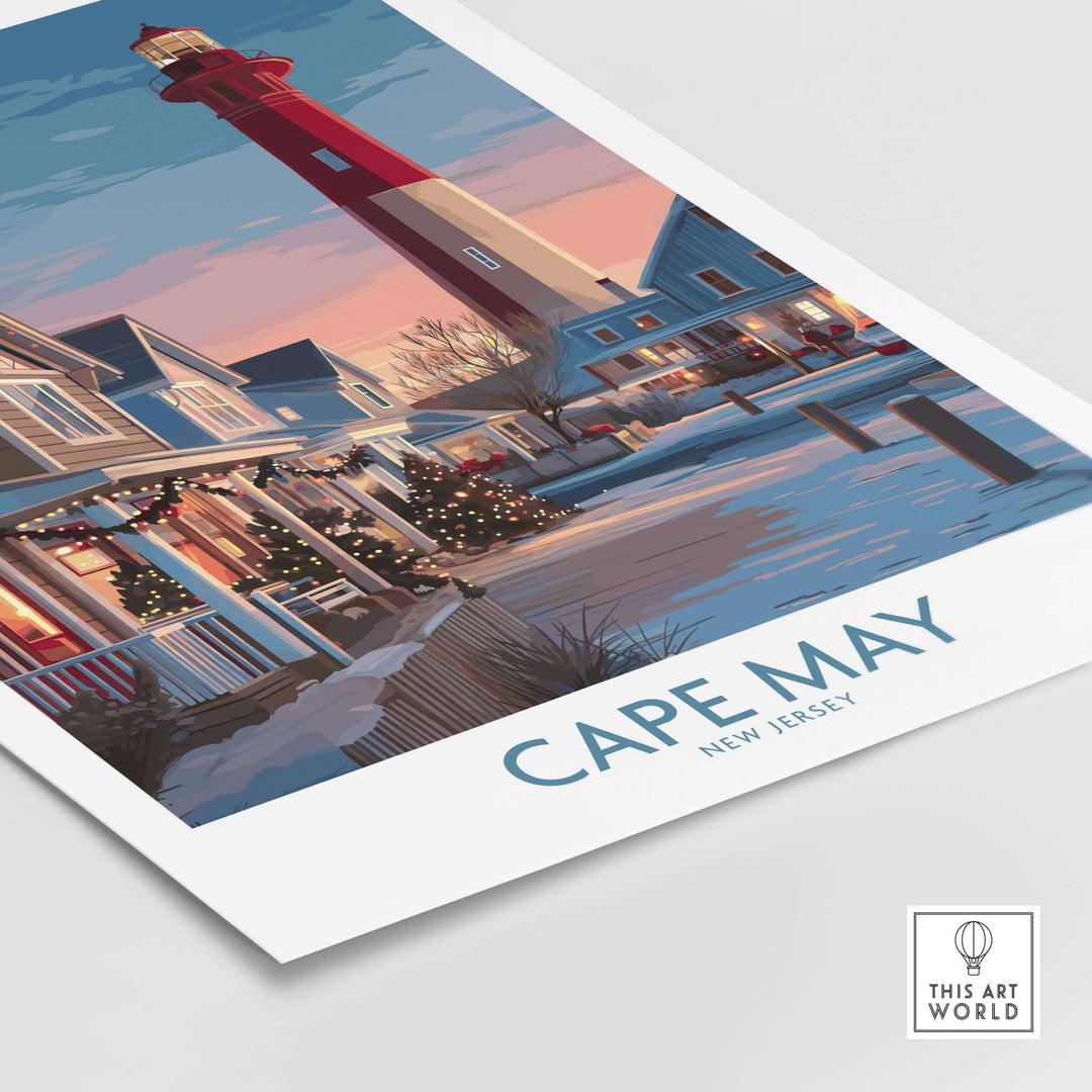 Cape May Christmas lights poster featuring a lighthouse and snowy houses in New Jersey during the holiday season.