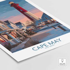 Cape May Christmas Lights New Jersey Poster showcasing the lighthouse and holiday decorations in Cape May, NJ.