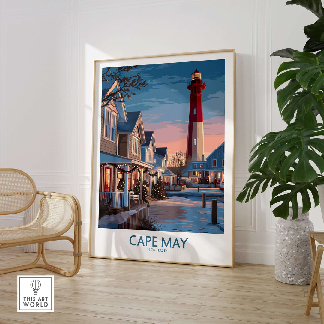 Cape May Christmas Lights Poster showcasing a scenic New Jersey winter landscape with a lighthouse and festive decorations.