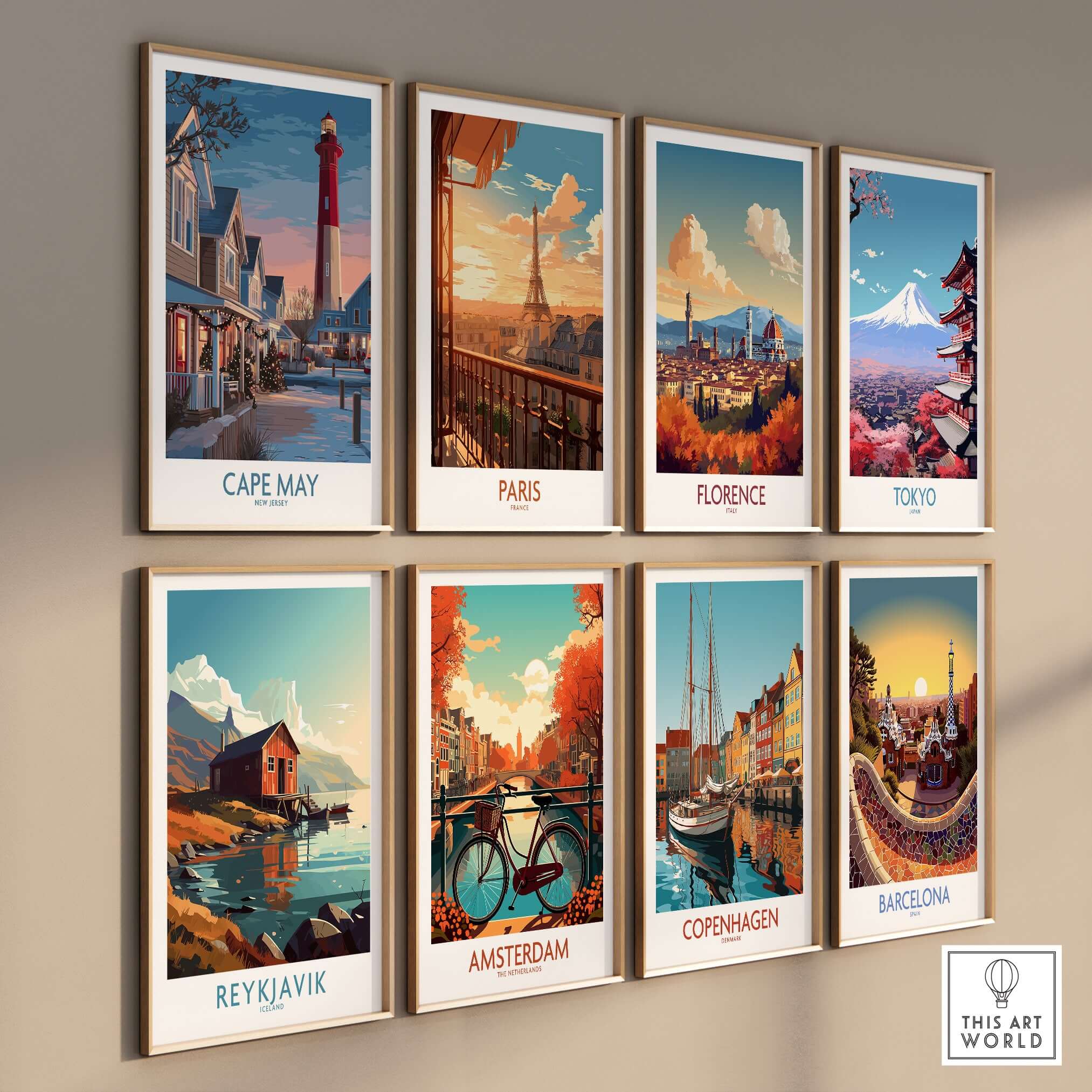 Cape May Christmas Lights New Jersey Poster and other travel art posters on a gallery wall.