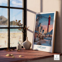 Cape May Christmas Lights New Jersey Poster displayed beside a window with beach view, enhancing holiday decor.