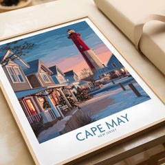 Cape May Christmas Lights New Jersey Poster showcasing festive homes and a lighthouse during winter.