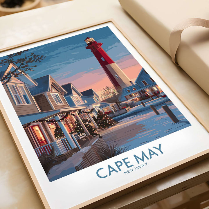 Cape May Christmas lights poster showcasing a festive lighthouse and decorated homes in New Jersey at sunset.