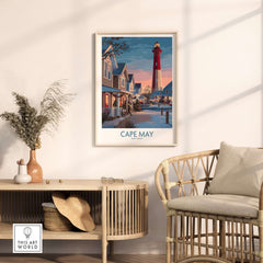 Cape May Christmas Lights New Jersey Poster showcasing a vibrant Christmas scene with a lighthouse in winter decor.