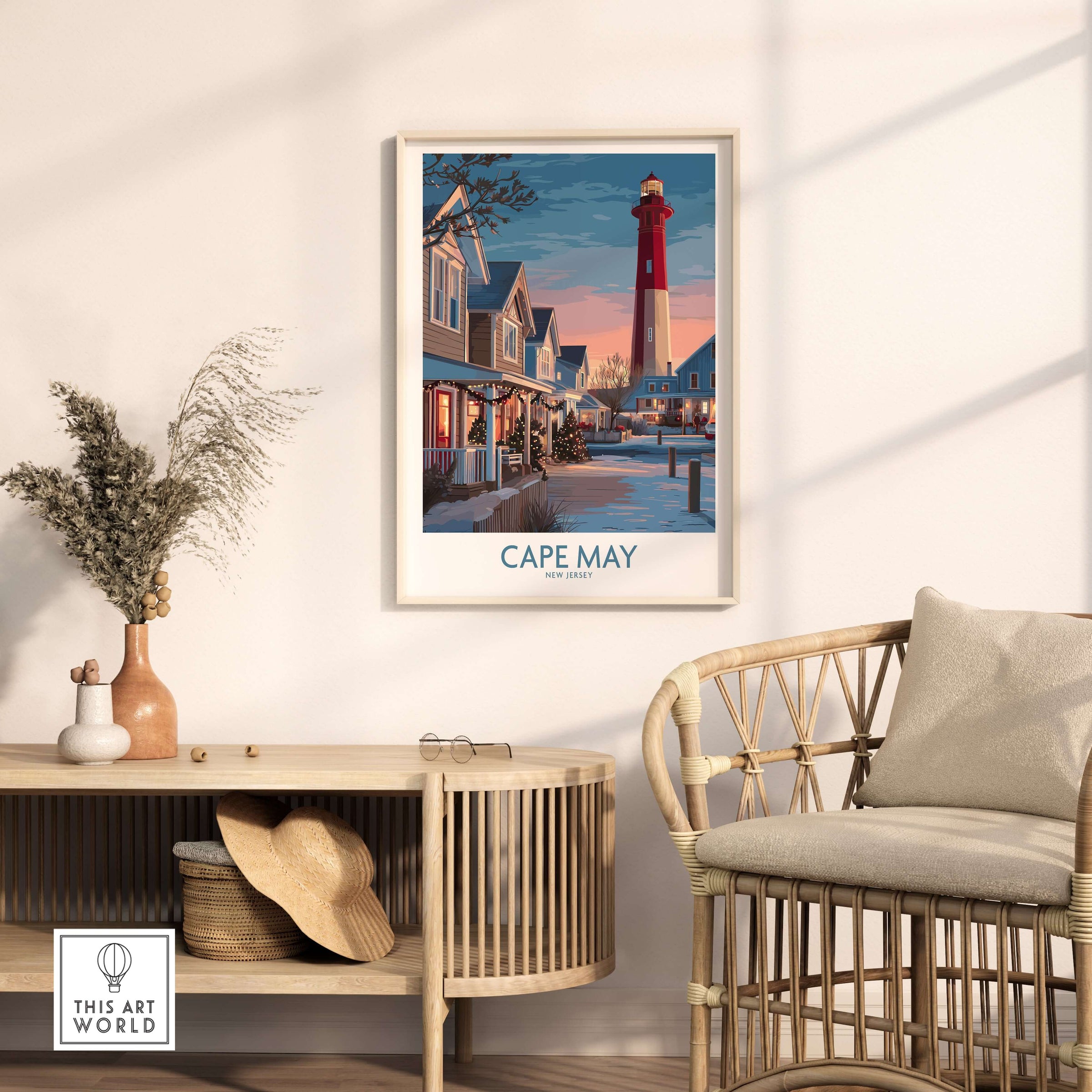 Cape May Christmas Lights New Jersey Poster showcasing a vibrant Christmas scene with a lighthouse in winter decor.