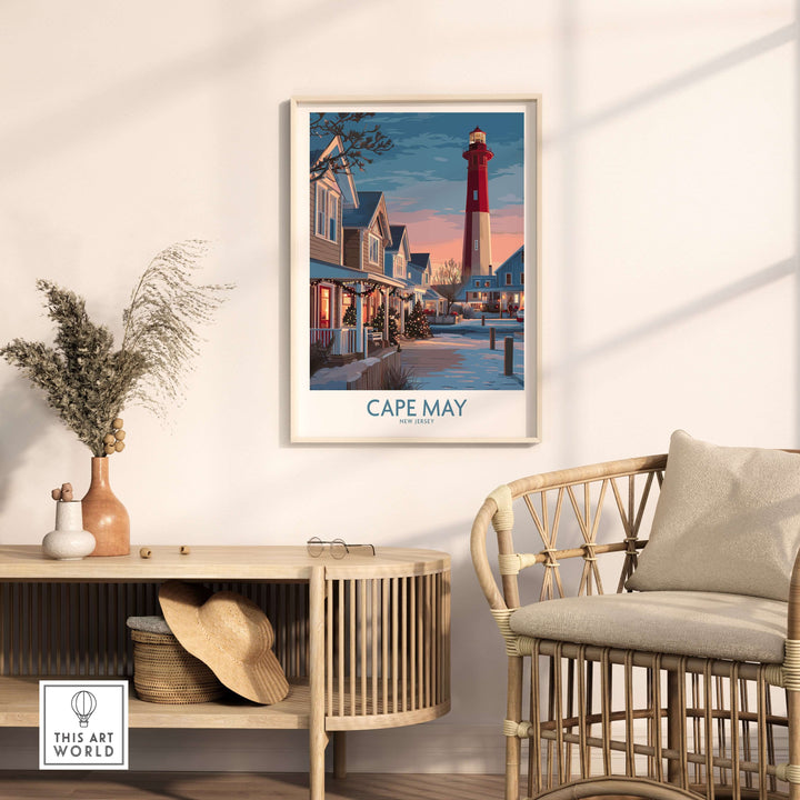 Cape May Christmas Lights poster showcasing festive holiday scenery and lighthouse decor in a cozy living room.