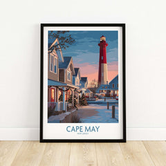 Cape May Christmas Lights New Jersey Poster showcasing a beautiful lighthouse and festive homes in winter.
