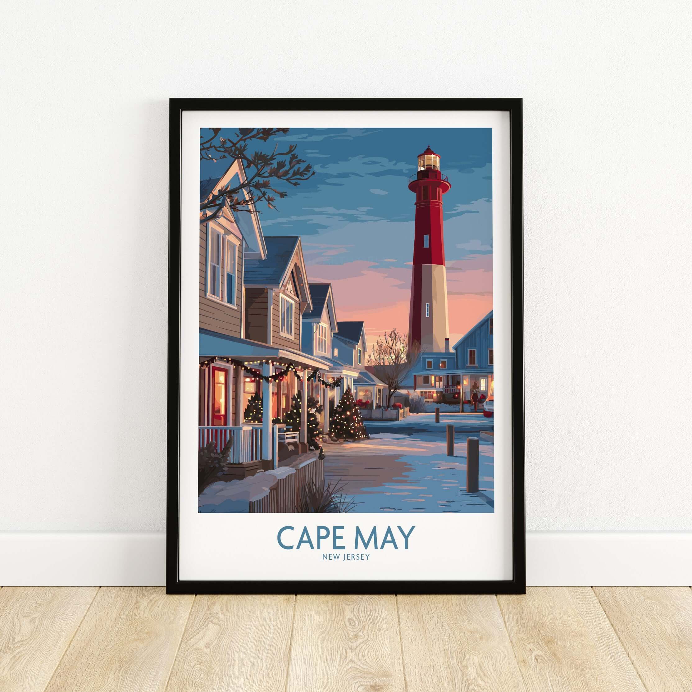 Cape May Christmas Lights New Jersey Poster showcasing a beautiful lighthouse and festive homes in winter.