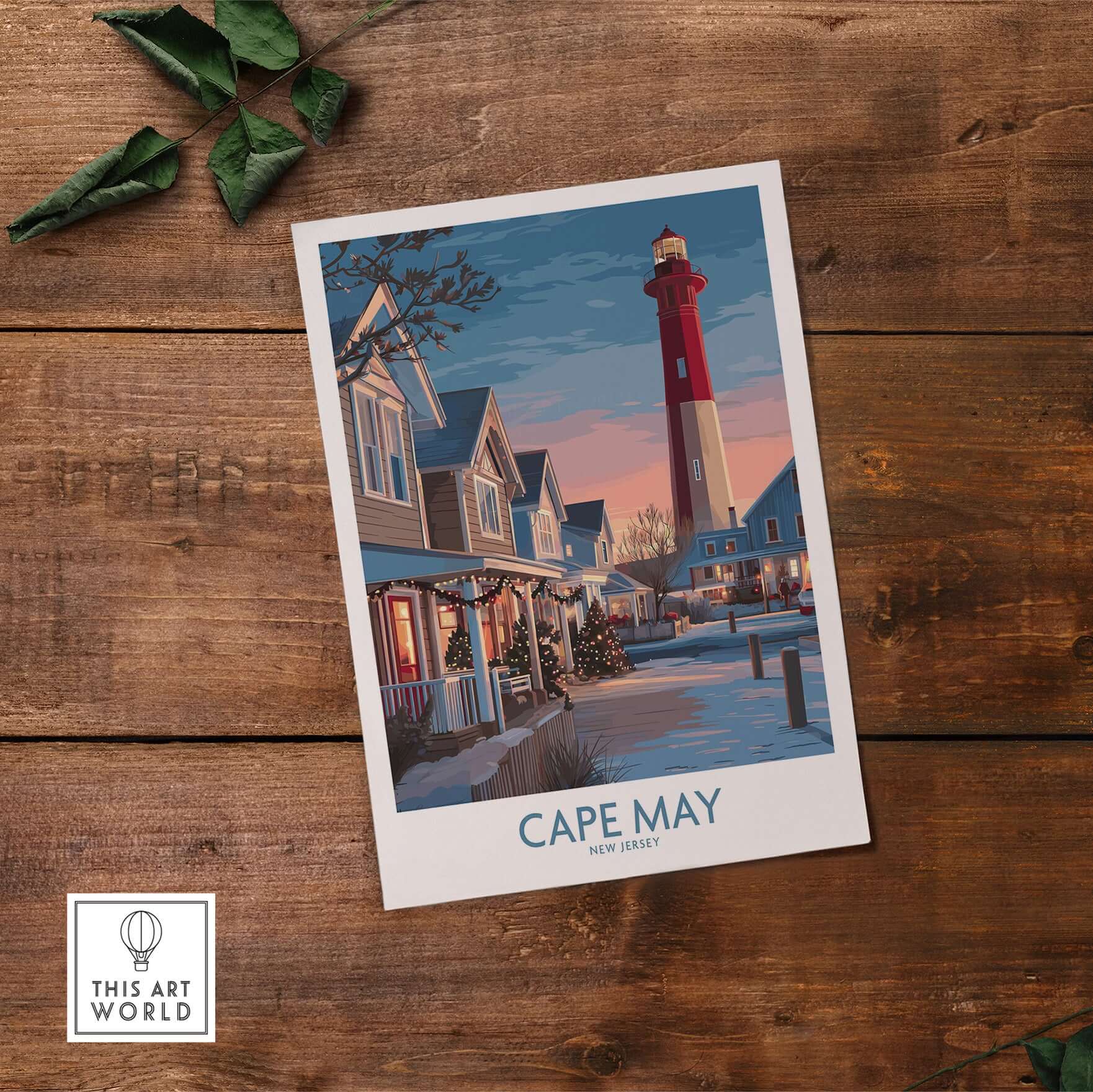 Cape May Christmas Lights New Jersey Poster showcasing festive holiday decorations and a lighthouse.