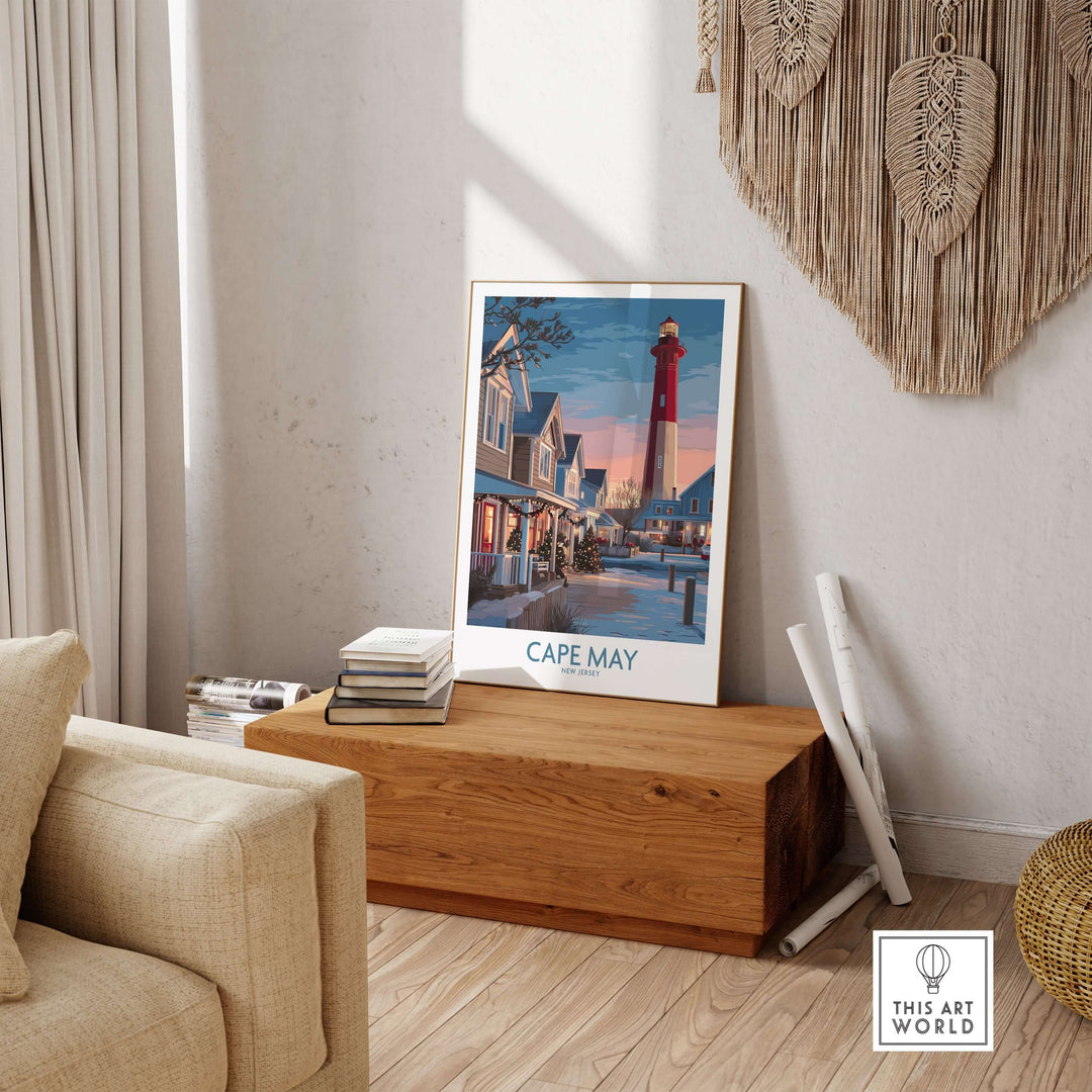 Cape May Christmas Lights poster displayed in a cozy living room, showcasing festive holiday spirit.